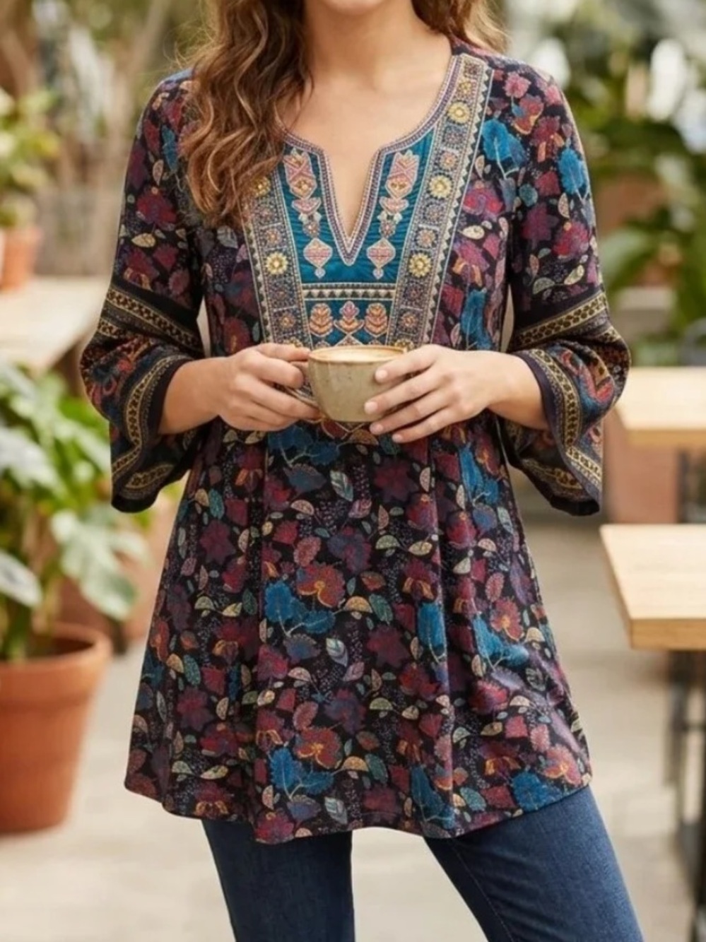 Soft Surroundings Etana Embroidered Floral Blouse Tunic Top Women's Size Small